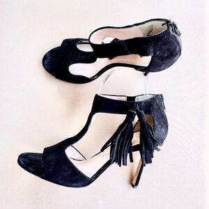 Black Suede Stiletto Heels with Fringe. Zippered heel